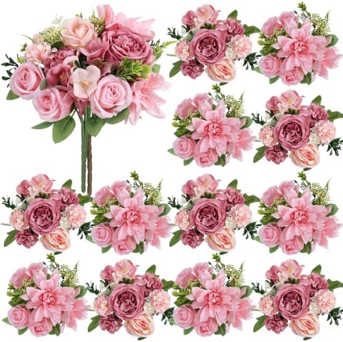Pink Peonies Dahlia Artificial Flowers Bulk, 12 Bundles by Nagobi