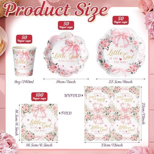 Newtay 250 Pcs a Sweet Little Girl Is on The Way Baby Shower Plates Napkins - Image 4