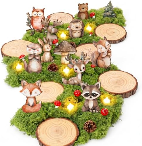 39 Pcs Woodland Animal Table Centerpieces Kit, 12 Forest Animals Wood Cutouts with Wood Rounds Moss Pine Cones Mushroom Decorations for Baby Shower Birthday Party Decor Set Nursery Supplies by FineCheer