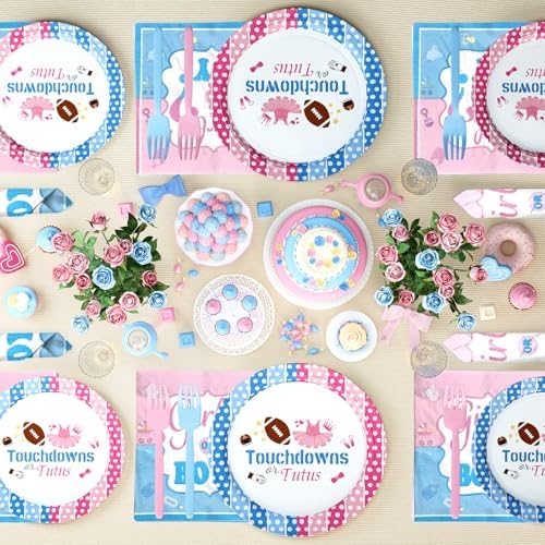 Touchdowns or Tutus Gender Reveal Decorations, Pink Blue Boy or Girl Party Supplies Backdrop Banner Balloon Garland Tablecloth Cake Topper Plate Napkin Cup Straw Knife Spoon Fork Sash 230 PCs - Image 6