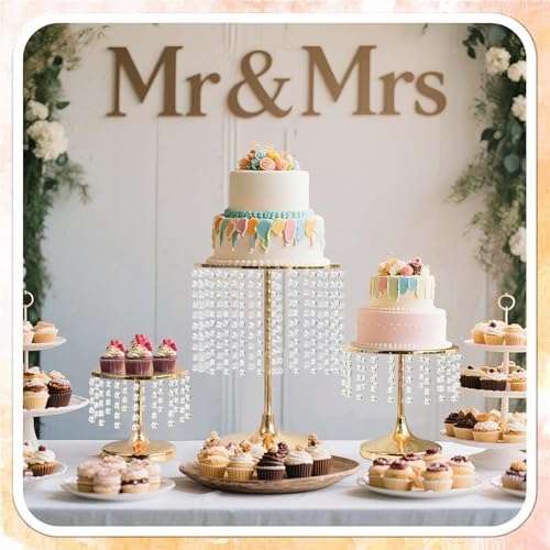 Metal Mirror Cake Stand Set with Crystal Pendants - Elegant Dessert Table Display for Weddings, Birthday Parties, Baby Showers, Events - Sturdy Crystal Bling Cupcake Stands for Pastries, Sweets, Decorations (Gold, Set of 6) - Image 2