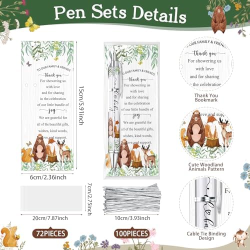 72 Sets Woodland Animals Baby Shower Favors Bulk Includes Ballpoint Pens Thank You Cards Cable Ties Woodland Baby Shower Gender Reveal for Guest Game Prizes Party Favors - Image 3
