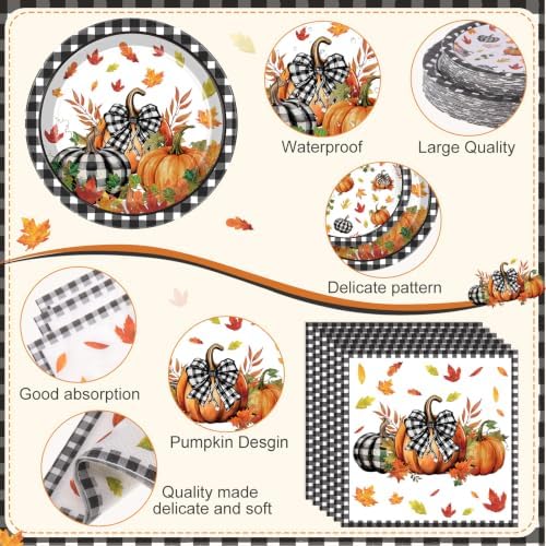Ceenna 452 Pcs Fall Pumpkin Party Supplies for 50, Black Buffalo Plaid Pumpkin Leaves Paper Plates Napkins Cups Tablecloth Cutlery Straw Disposable Tableware for Thanksgiving Autumn Harvest Decoration - Image 3
