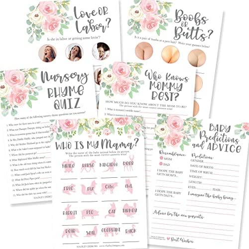Hadley Designs 50 Floral Who Knows Mommy Best, Baby Prediction and Advice Cards etc., 25 Love or Labor, Boobs Or Baby Butts Gender Reveal-6 Double Sided Cards Baby Shower Funny Games by HadleyDesigns