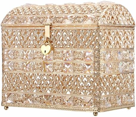 ELLDOO Crystal Wedding Card Box with Heart Lock, Vintage Money Card Box Treasure Chest Style Gold Gift for Wedding Receptions, Centerpiece Decor, Anniversary Keepsake, Gift, Small Size by ELLDOO