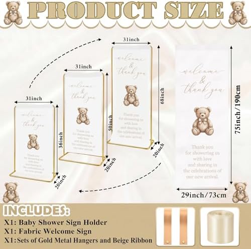 Baby Shower Welcome Linen Sign Stand with Satin Ribbon, Beige - Image 4