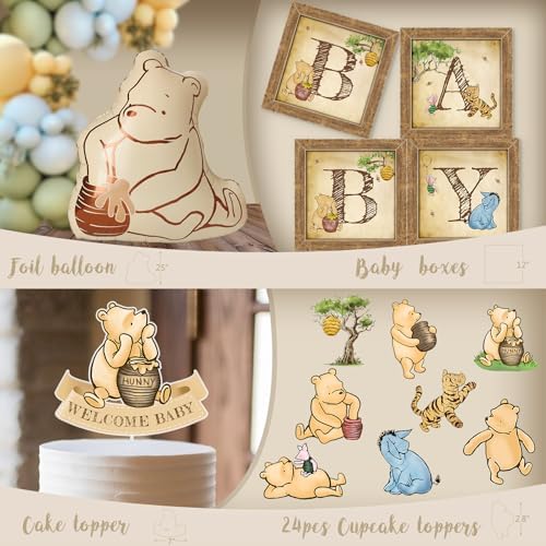Classic Bear Baby Shower Decorations Set, Vintage Woodland Bear Party Supplies with Backdrop, BABY Boxes, Balloon Garland Arch Kit, Tablecloth, Banner, Mom to Be Sash & Dad to Be Badge - Image 6