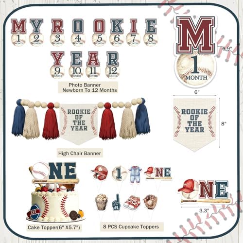 Hombae Rookie Year 1st Birthday Decorations, Baseball First Birthday Decor Party Supplies with Balloons Boxes, Highchair & Photo Banners, Crown, Cake Cupcake Toppers, Tablecloth, Backdrop, Poster - Image 3