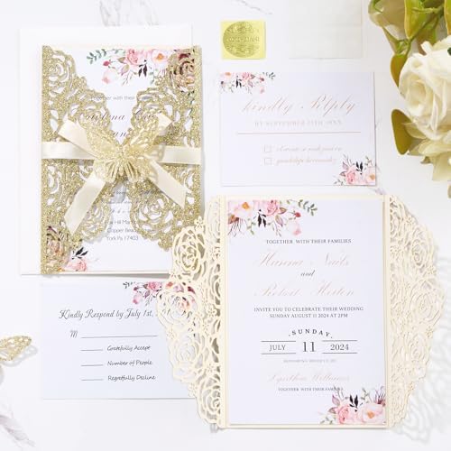 50PCS Gold Glitter Laser Cut Wedding Invitation with Butterfly Ribbons - Image 7