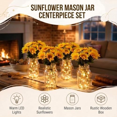 4 Sets Sunflower Mason Jar Centerpiece with LED Lights for Wedding - Image 6