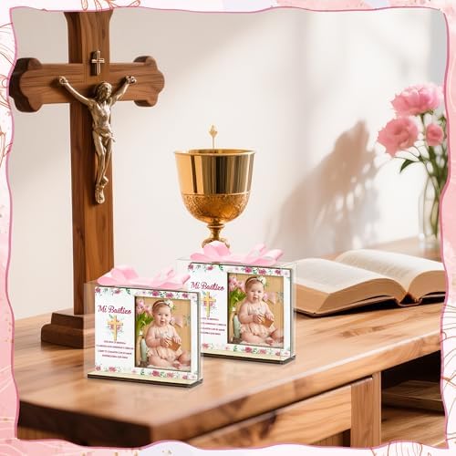 CJiangpo Spanish Baptism Picture Frame - 12 Set Catholic Mi Bautizo Gifts for Girls, Baby Shower Favor Pink Flower Wood Photo Frame with Bows and Clear Plastic Boxes Religious First Communion Decor - Image 3