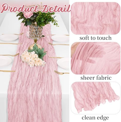8 Pack Light Pink Cheesecloth Table Runners 20x120 Inch Gauze Table Runner Cheese Cloth 10FT Pink Table Runner Rustic Sheer Runner for Wedding Birthday Party Baby Shower Table Decor - Image 3