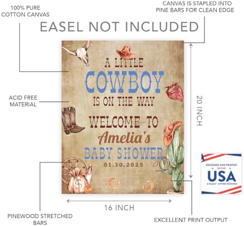 Andaz Press Wild West Cowboy Baby Shower Decorations, Personalized A Little Cowboy Baby Shower Sign, Custom Western Baby Shower Sign In Guest Book Alternative, 16"x20" Canvas Welcome Baby Shower Sign - Image 2
