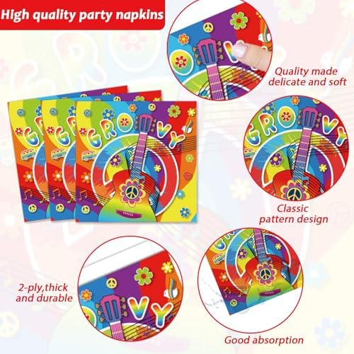 200pcs 60's Hippie Party Plates Napkins Groovy Paper Tableware Set Tie Dye Cake Dessert Disposable Dinnerware 60s 70s Hippie Party Decoration for Baby Shower Birthday Decor Supplies Serves 50 - Image 4