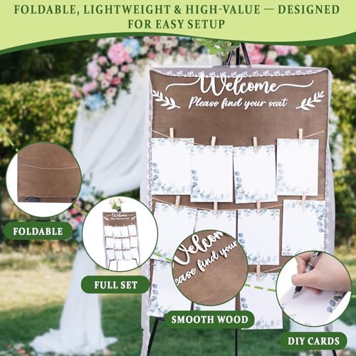 Wooden Wedding Seating Chart Board, Two Connectable Panels (23.7"×17"), 0.32" Thick, Foldable Design with Metal Stand, White Lace Ribbon, Floral Décor, and 20 Cards for Ceremony & Reception - Image 6