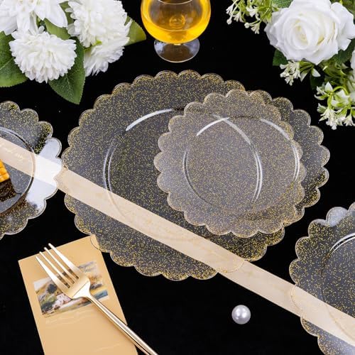 LIYH 60 Pcs Gold Glitter Plastic Scalloped Plates for Wedding & Party - Image 3