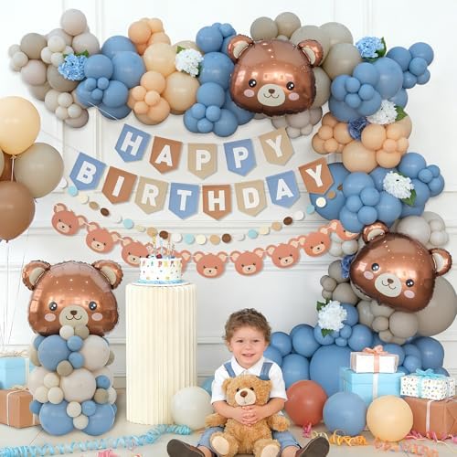 Bear Birthday Balloon Arch Kit for Baby Boy Blue Khaki and Brown Balloons Decorations Set Happy Birthday Banner Bear Theme Decor - Image 6