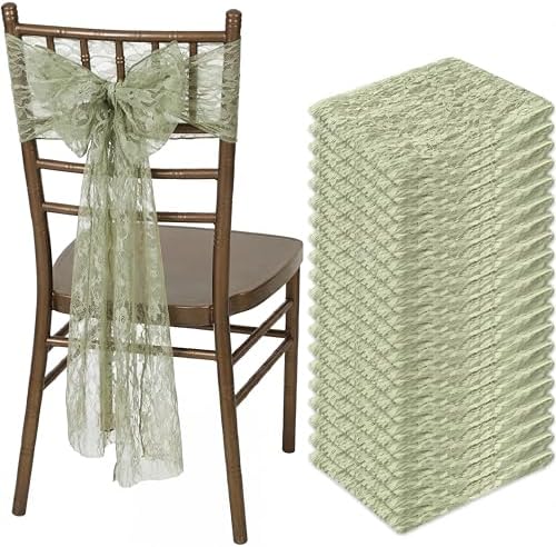VitalCozy 50 Pack Sage Green Lace Chair Sashes with Bows Wedding Decor by VitalCozy