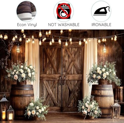 12X10FT Western Country Wedding Backdrop Rustic Barn Door White Flower Bridal Photography Backdrop Farmhouse Shabby Chic Countryside Wedding Party Banner Anniversary Floral Photo Props Background - Image 6