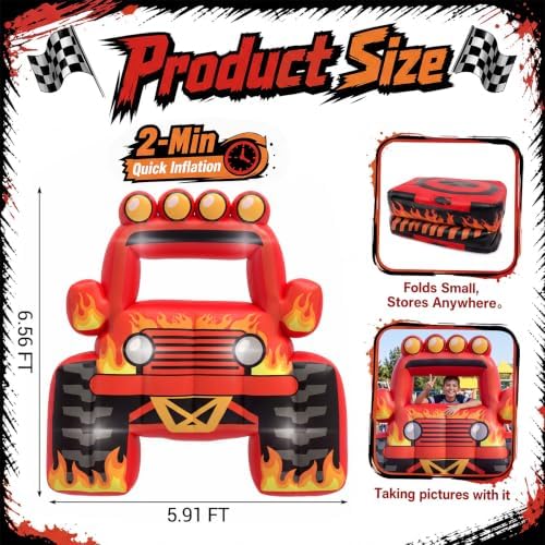 Junkin 6 x 5 FT Monster Truck Inflatable Photo Booth Frame with LED Lights, Giant Racing Truck Photo Prop, Birthday Party Decorations, Baby Shower Decor, Racing Theme Party Supplies(Flame,Red) - Image 2