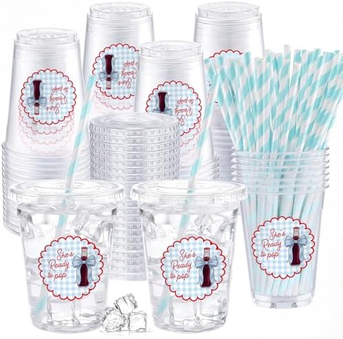Willinglong 50pcs She's Ready to Pop Baby Shower 12 oz Plastic Cups (Blue) by Willinglong