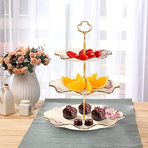 fanquare 3-Tier Royal Vintage Floral Cupcake Stand with Gold Trim - Image 2
