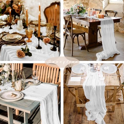12 Pcs White Cheesecloth Table Runner 10FT Runner for Tables Gauze Fabric Boho Cheese Cloth Table Runner Decoration Rustic Semi Sheer Runner for Wedding Birthday Holiday Bridal Shower Party (White) - Image 6