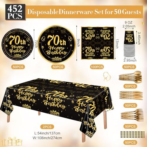Funnymoom 452 Pcs 70th Birthday Party Decorations Set for Men Women, Black and Gold Happy 70th Birthday Paper Plates Napkins Cups Tablecloth Cutlery Straws Cheers to 70 Years Anniversary Party - Image 3