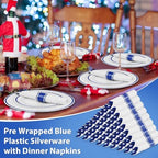 100Pack Blue Pre Rolled Plastic Silverware Wrapped Blue Rolled Cutlery - Image 6