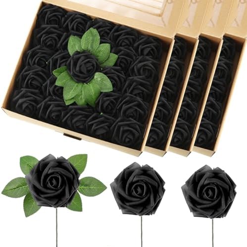 100 Pcs Artificial Foam Rose Flower Faux Bouquet Wedding Fake Rose Gift for Mother's Day Women DIY Bridal Shower Party Table Birthday Home Spring Decor (Black) by Luinabio