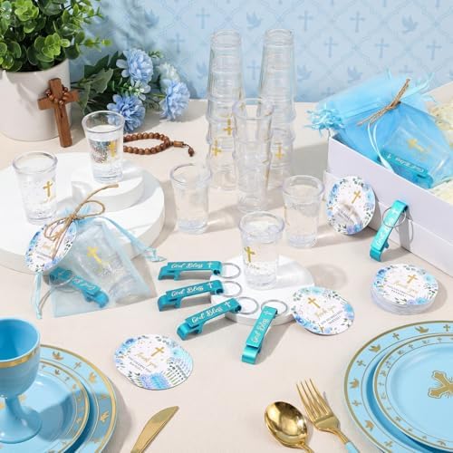Funnymoom 50 Sets Baptism Favors, God Bless Shot Glasses with Keychains - Image 4