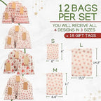 12 Pack Reusable Christmas gift bags with 15 gift tags. Gift sacks. Fabric drawstring holiday gift bags in assorted sizes. Xmas bags for presents, parties & stocking stuffers. (CE) - Image 4