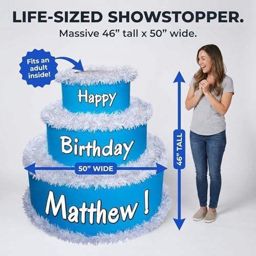 Anderson’s Lifesize Personalized Blue and White Surprise Birthday Pop‑Out Faux Cake, Jumbo Celebration Prop for Milestones, Thmed Parities, Photos, Reveals, and Party Fun - Image 2
