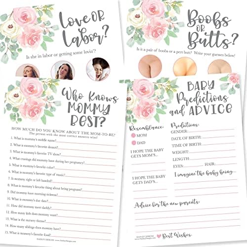 Hadley Designs 25 Floral Love or Labor, Boobs Or Baby Butts Game, 25 Who Knows Mommy Best, Baby Prediction And Advice Cards-4 Double Sided Cards, Gender Reveal Games for Baby Shower by HadleyDesigns