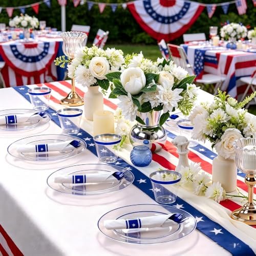 SUT 175 Pcs Blue and Clear Plastic Dinnerware Set for 25 Guests, Include: 25 Dinner Plates, 25 Dessert Plates, 25 Pre Rolled Napkins With Silverware, 25 Cups, Disposable Plates for Party, Wedding - Image 3