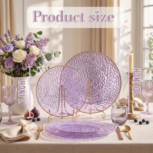 Rubtlamp 60Pcs Clear Purple Gold Plastic Plates, Purple Disposable Plates With Gold Rim, Hammered Plastic Plates Include 30 Clear Dessert Plates, 30 Dinner Plates for Party - Image 2