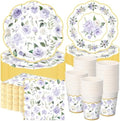 Funnymoom 250 Pcs Purple Gold Floral Paper Plates Napkins Cups Serves 50 by Funnymoom