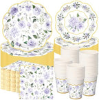 Funnymoom 250 Pcs Purple Gold Floral Paper Plates Napkins Cups Serves 50 by Funnymoom