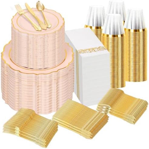 Sylans 700PCS Pink Plastic Plates Dinnerware Set Disposable for 100 Guests by Sylans