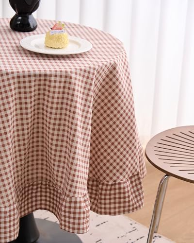 vctops Farmhouse Khaki Plaid Ruffle Table Cloth, Boho Cotton Linen Tablecloth, Washable Table Cover for Round Table Baby Shower Kitchen Party Wedding Decor (Khaki,70") - Image 4
