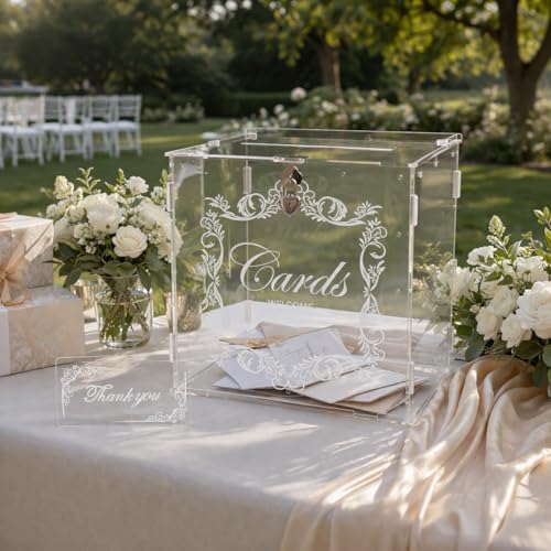 Wedding Card Box for Reception, Acrylic Card Box with Lock and Key, 3mm Top Lid, LED String Light, 7 in Slot, Holds 250-300 Cards for Graduation, Baby Shower, Sweet 16 - Image 4