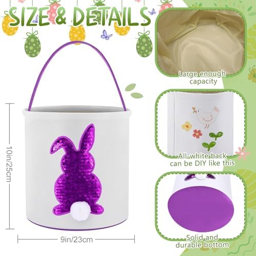 Honeydak 6 PCS Kids Basket, Colorful Sequined Bunny Canvas Bags - Image 2