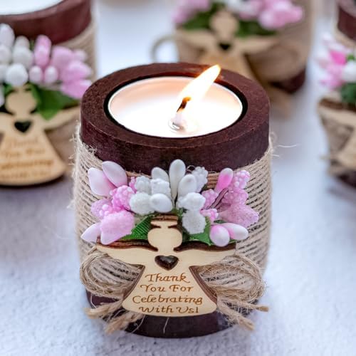 Ju's Favors Wooden Candle Holders Set of 10 for Baptism Gift for Guests, Christening Gifts, Party Favors. (Dark brown - pink) - Image 2
