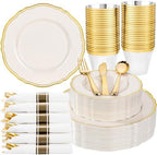 Hioasis 175 Pcs Ivory Gold Plastic Plates Wedding & Party by Hioasis