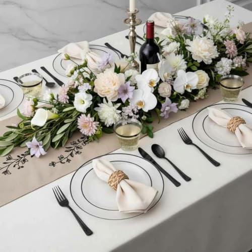 NOCCUR 350PCS Clear and Black Plastic Plates - Disposable Dinnerware Set for 50 Guests Include 100 Dinner/Dessert Plates,150 Black Cutlery,50 Cups&50 Napkins Ideal for Party/Birthday/New Year - Image 5