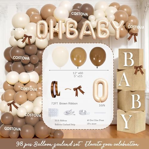 Costova Coffee Baby Shower Party Decorations – 120 Pcs A Baby Is Brewing Party Supplies with Balloon Garland, Banner, Backdrop, Tablecloth, Cake & Cupcake Toppers, Boxes, Badges, Sash, Poster - Image 3