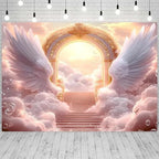 Pink Angel Wings Theme Banner Paradise Gate Sky Stairway to Heaven Holy Light Clouds Gold Sky Background Heaven Sent Baby Shower Baptism Banner Easter Photo Background (Pink, 9 * 6feet) - Image 2