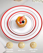Goodluck 200 Pack Red Rim Plastic Plates - 100 Dinner Plates (10.25") & 100 Dessert Plates (7.5") - Heavy Duty Disposable White Plates with Elegant Red Trim - Premium Dinnerware Set for Wedding - Image 5