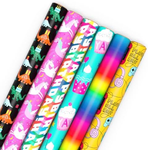 Hallmark Kids Wrapping Paper, 6 Rolls (Dinosaurs, Unicorns, Rainbows) by Hallmark