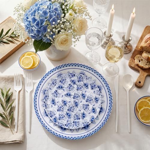 LIYH 60Pcs Blue White Floral Plastic Plates Dinnerware Set for Wedding - Image 2